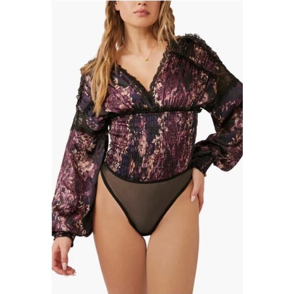 FREE PEOPLE WORTH THE WAIT FLORAL LONG SLEVEE BODYSUIT WO'S SIZE SMALL - Picture 2 of 5